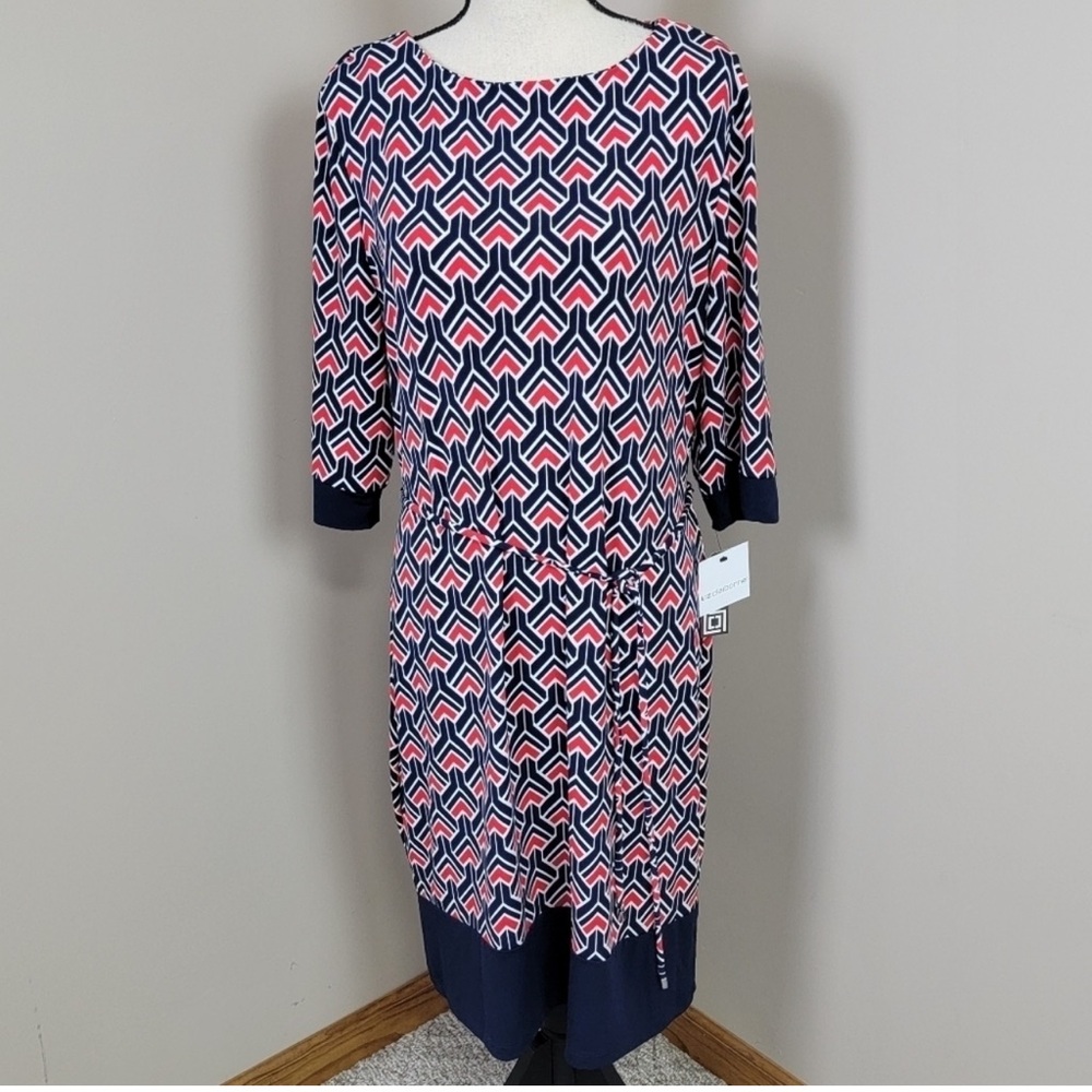 Liz Claiborne Red White And Blue Geometric Print Elbow Sleeve Dress Sz XL NEW